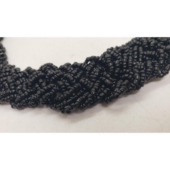 Black Glass Bead Multi Strand Braided Necklace Chunky Wide Twist Collar Choker - Picture 4 of 10